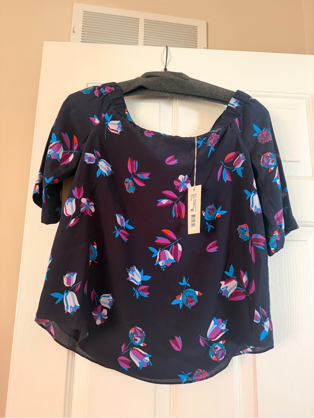 Rebecca Taylor Navy Floral Short-Sleeve Scoop Neck Top